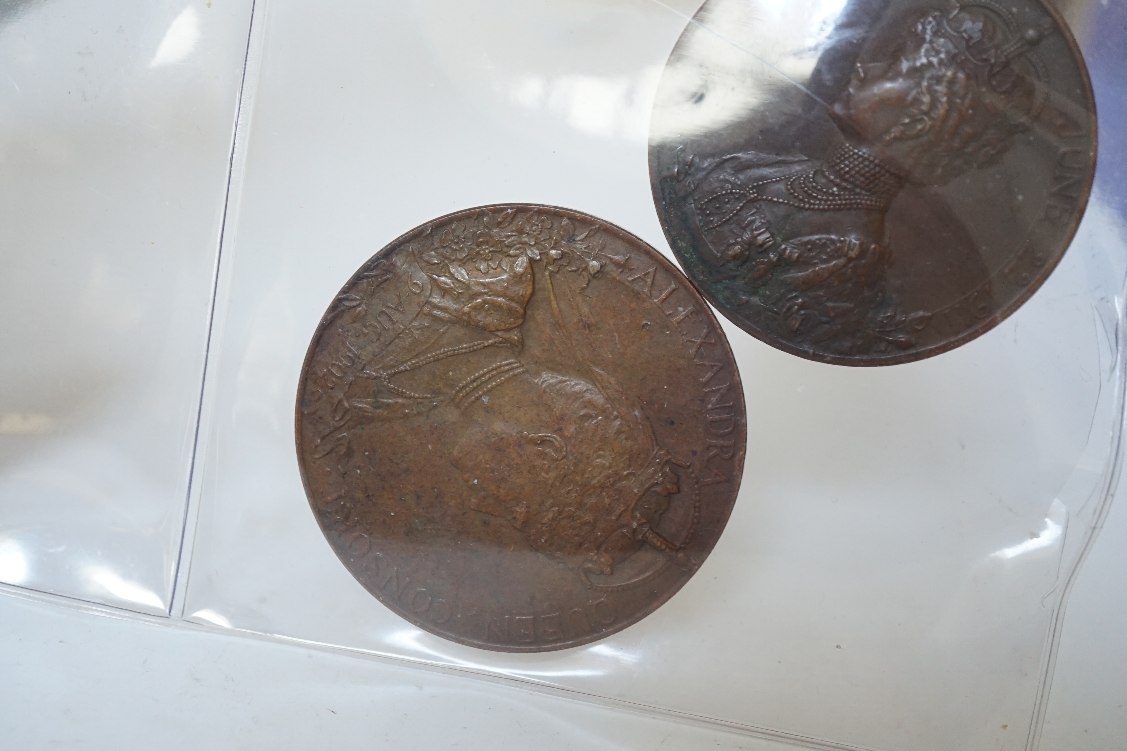British Royal commemorative medals, Edward VII and Alexandra Queen Consort coronation silver medal 1902, about EF, ditto in bronze, toned EF, Victoria Diamond Jubilee bronze medal, EF and George V and Queen Mary coronati